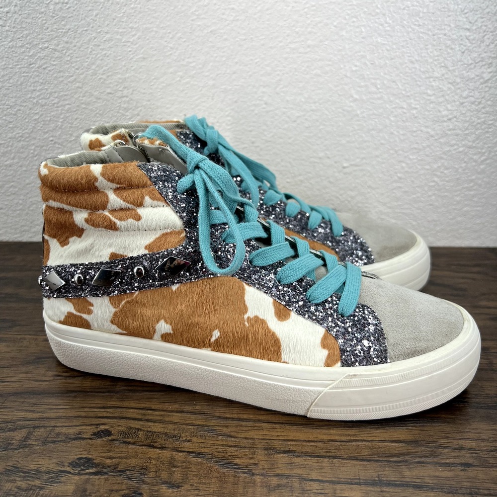 Gianni bini Womens Shoes Size‎ 7.5M Cow Fur Glitter Colorblock High Top Sneakers